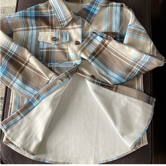 Women's Plaid Cream Brown  & Blue Button Down Shacket Size XL - Picture 5 of 11